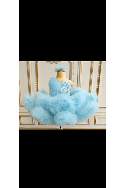 İlknur Karaca Design Fuste albastru bebeluş cu volane, rochie florală pentru ziua specială a fetiţei, ziua de naştere