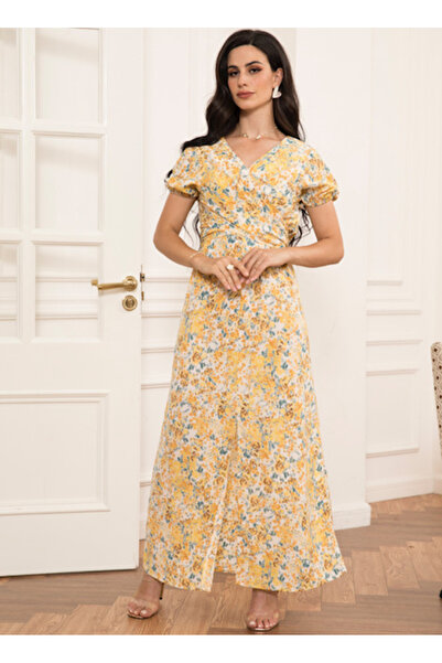 FridayIn Elegant style V-neck Flowers Bandage Puff sleeve Long Dresses