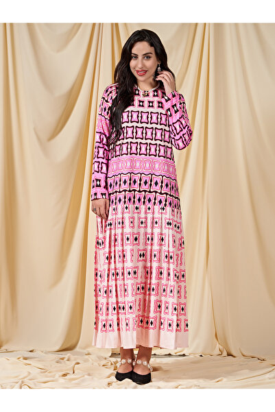 FridayIn فستان طويل حلو برقبة دائرية ومطبوع بأكمام عادية ومطوي