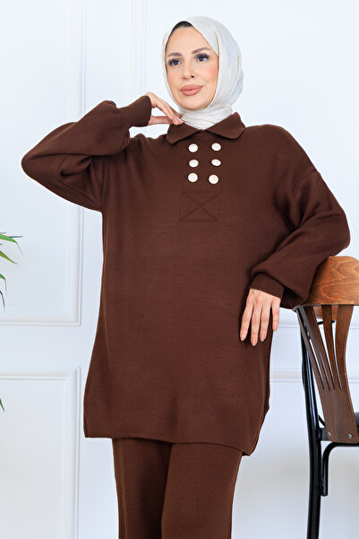 benguen Button Detailed Knitwear Set N7064 Brown