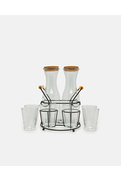 REDTAG Clear Glass Juice Decnter Set With Metal Stand (9 Piece)