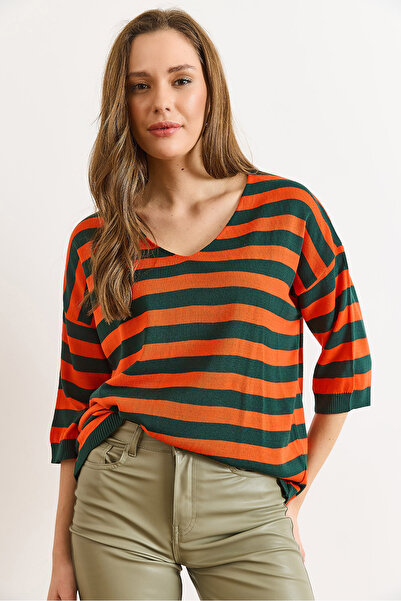 Olalook Women's Emerald Green V-Neck Striped Short Sleeve Knitwear Blouse Blz-19002837