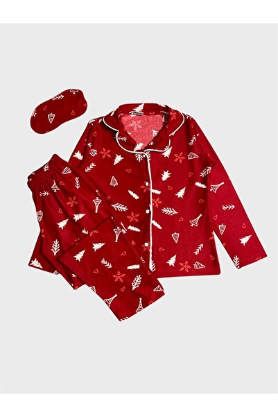 ALİŞ KİDS Girl's Cotton Suede Fabric Red Pine Tree Christmas Pattern Shirt Collar Buttoned Pajama Set