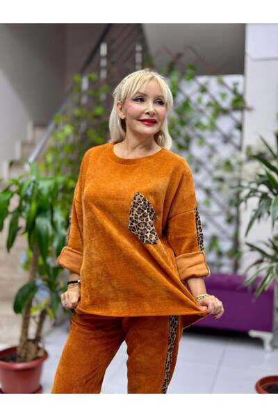 Punta Otantik Nc25183 Leopard Patterned Pocket Detailed Italian Velvet Suit Orange