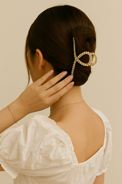 cityvision Pearl and Stone Detailed Ribbon Shaped Metal Hairpin 11 cm – Elegant and Sparkling Design