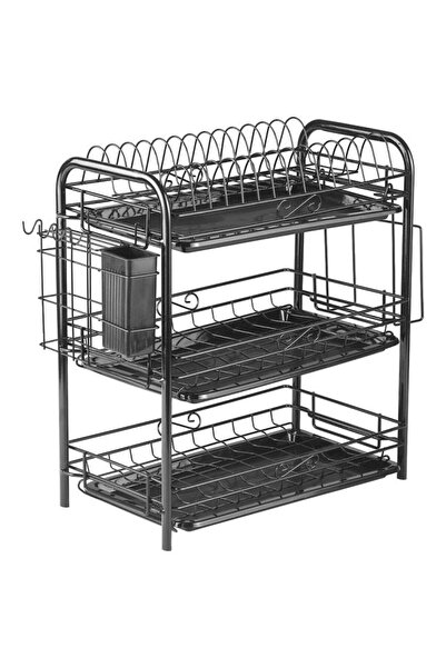 HALAMODO رف تجفيف أطباق أسود مقاوم للصدأ بثلاث طبقات 49x18x25 سم