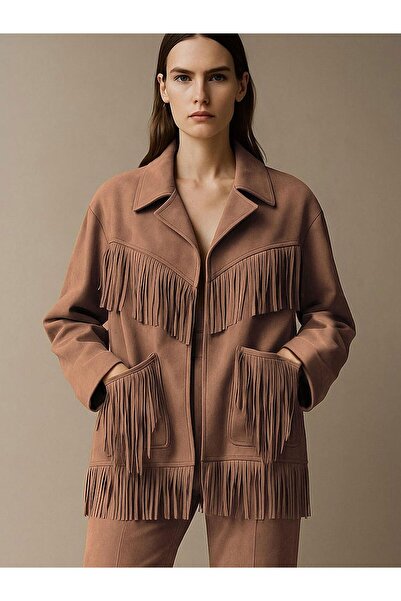RİVUS Modern Form Tassel Detailed Suede Jacket - Brown