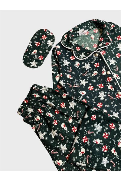 ALİŞ KİDS Girl's Cotton Green Suede Fabric Candy Snowman Christmas Pattern Shirt Collar Winter Pajama Set