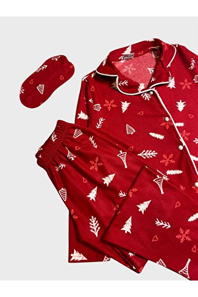 ALİŞ KİDS Girl's Cotton Suede Fabric Red Pine Tree Christmas Pattern Shirt Collar Buttoned Pajama Set