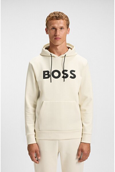 BOSS Men's Large Letter Pattern Long Sleeve Pocket Detail Hooded Ecru Sweatshirt 50551457-131