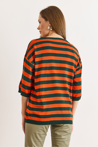 Olalook Women's Emerald Green V-Neck Striped Short Sleeve Knitwear Blouse Blz-19002837