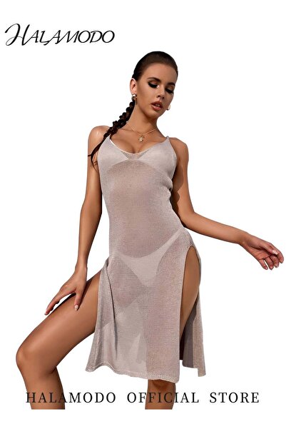 HALAMODO Women's Swimsuit Cover Up Sleeveless Hollow Out Long Swimwear Cover up V Neck Hollow Out Long Skirt