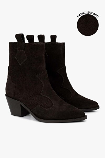 Shoeberry Women's Maven Bitter Brown Genuine Suede Leather Cowboy Boots