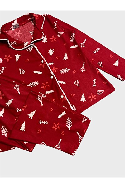 ALİŞ KİDS Girl's Cotton Suede Fabric Red Pine Tree Christmas Pattern Shirt Collar Buttoned Pajama Set