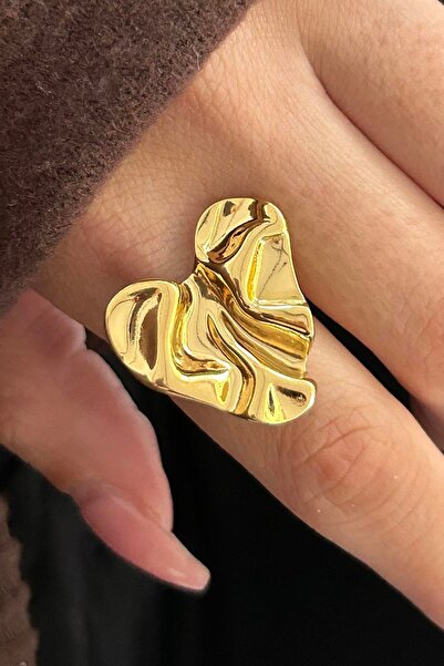 TAKIŞTIR Gold Color Heart Figured Adjustable Steel Ring