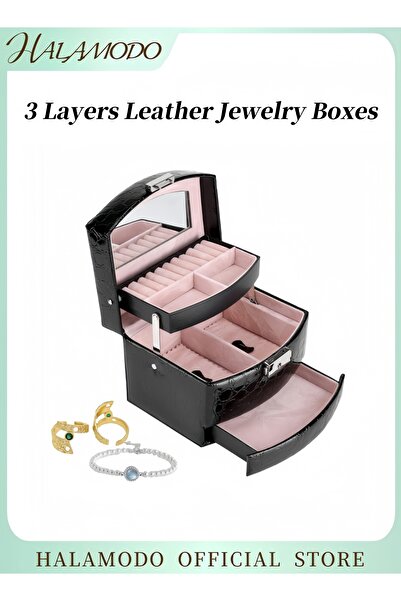 HALAMODO Women's High-End Leather Jewelry Box Equipped with Built-in Mirror Three Layer Jewelry Carrying Case
