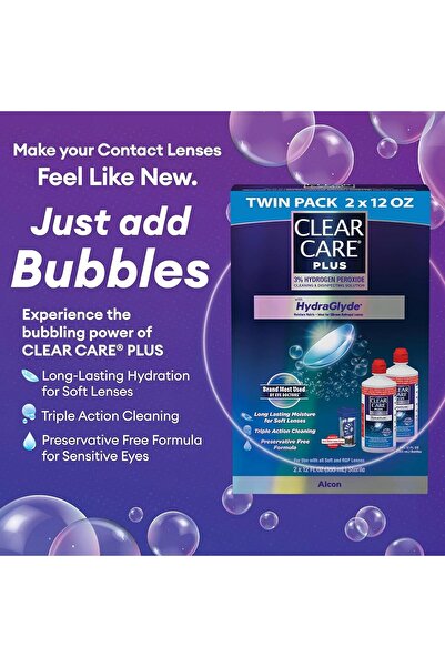 CLEAR CARE Plus HydraGlyde 3% Hydrogen Peroxide Lens Solution, 2 x 480ml with Cases