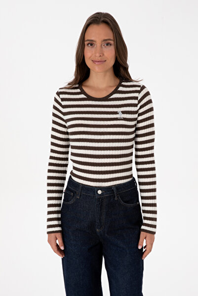 U.S. Polo Assn. Swea guler rotund cu dungi maro pentru femei tricou 50313888-...