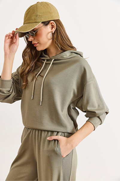 Olalook Women's Green Modal Buttoned Hooded Thread Detail Flowy Sweatshirt Swt-19000778