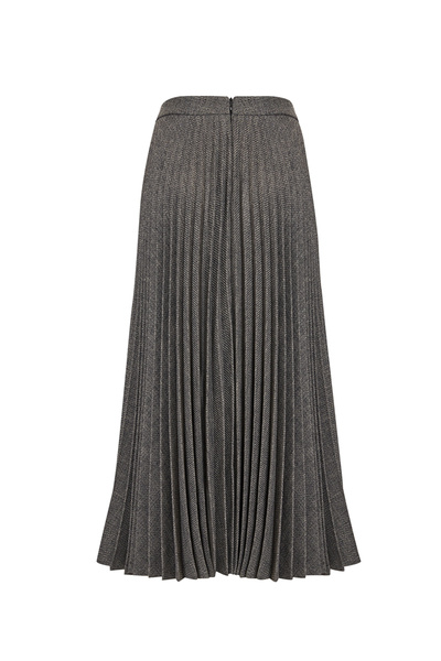 Exquise Herringbone Patterned Pleated High Waist Buckle Regular Midi Skirt