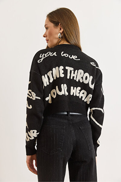 Olalook Women's Black Bird's Eye Detailed Sleeve Heart Crop Knit Sweater Kzk-19001046