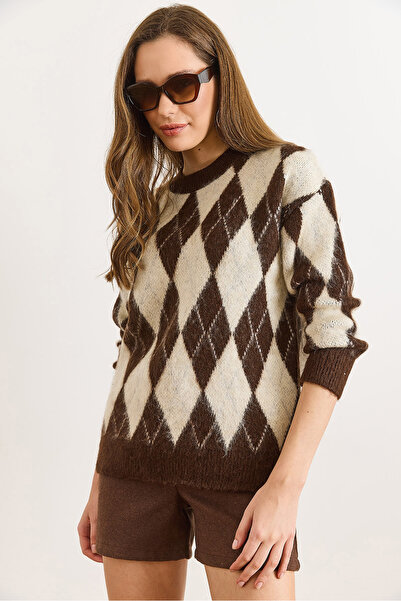 Olalook Women's Brown Baklava Pattern Fleece-Lined Thick Knitwear Sweater Kzk-19001075