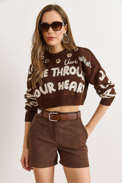 Olalook Women's Brown Bird's Eye Detailed Handle Heart Crop Knitwear Sweater Kzk-19001046