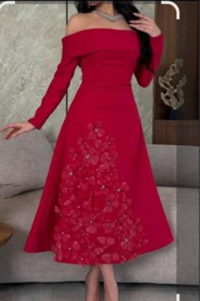 Orange Red Dress with 3D Flowers, Elegant Cut