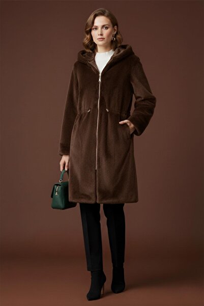 Puane Women's Hooded Elastic Waist Plush Coat - 15236Kbn - Brown