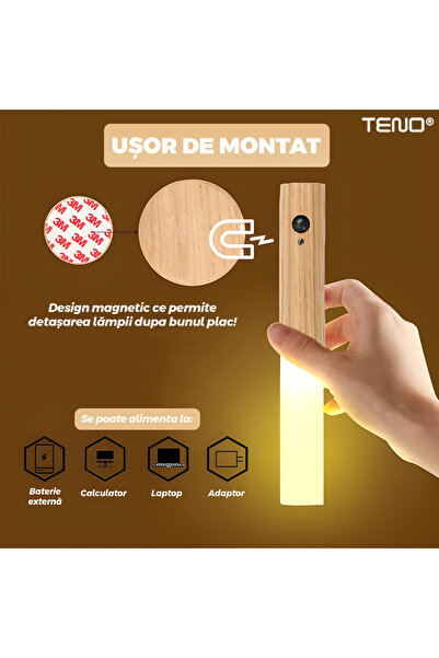 Teno ® Lampă de perete LED cu senzor, detașabilă, suport magnetic, rază largă de detecție, finisaj lemn