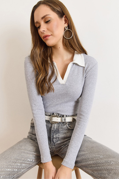 Olalook Women's Gray White Color Block Polo Neck Cotton Stretchy Blouse Blz-19003104