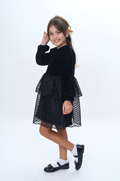 Toontoy Girls' Velvet Layered Ruffle Detailed Dress