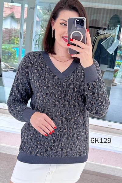 İnce Topuk V-Neck Leopard Pattern Bearded Knitwear Blouse 6K129