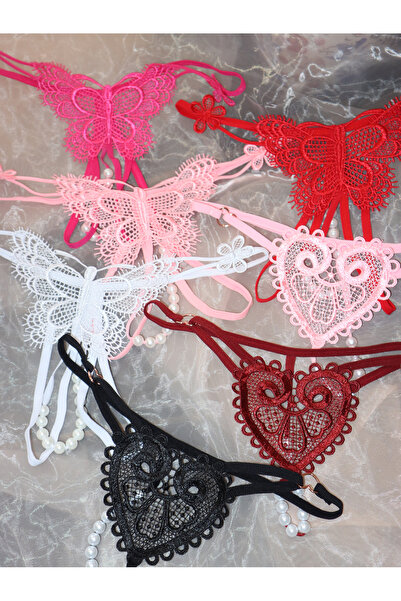 JInsh 7-pieces Sexy Lady Hollow Lace Embroidery Thong Heart And Butterfly Open Beaded Nightwear T-thong
