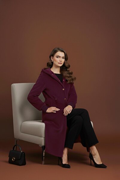 Puane Women's Tunneled Waist Hooded Long Fox Coat - 15234Kbn - Purple