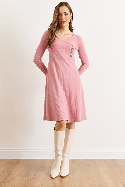 Olalook Women's Dusty Rose Button Detail Double-Breasted Midi Bell Dress Elb-19002031