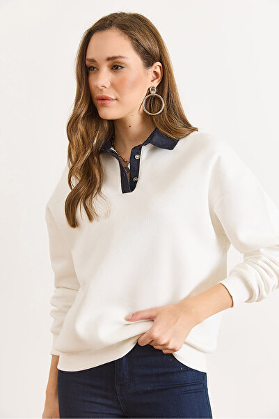 Olalook Women's White Denim Collar Buttoned Fleece-Lined Thick Sweatshirt Swt-19000781