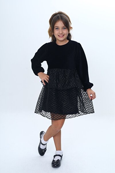 Toontoy Girls' Velvet Layered Ruffle Detailed Dress