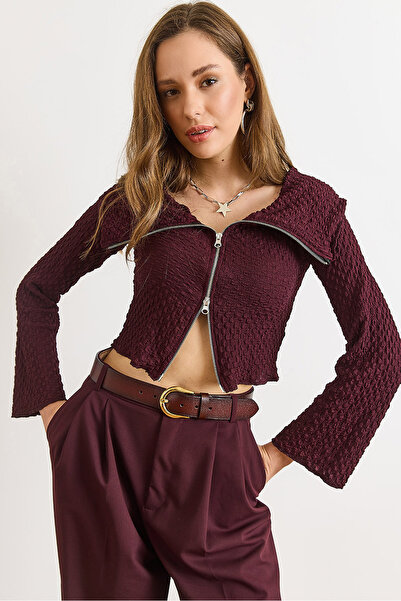 Olalook Women's Plum Textured Zippered Madonna Blouse Blz-19003172