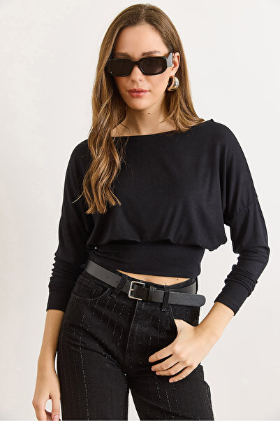 Olalook Women's Black Waistband Batwing Soft Textured Blouse Blz-19003171