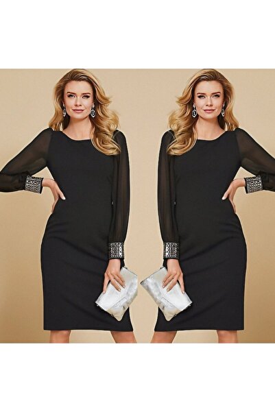 JANES Women's Long Sleeve Crew Neck Sleeves Tulle Cuff Stone Embroidered Crepe Dress