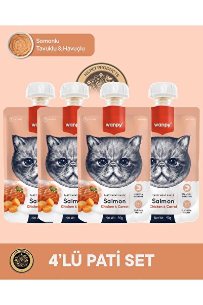 Wanpy Somon & Tavuk & Havuç Kedi Et Ezmesi Kedi Ödül Maması Seti 4x90 gr
