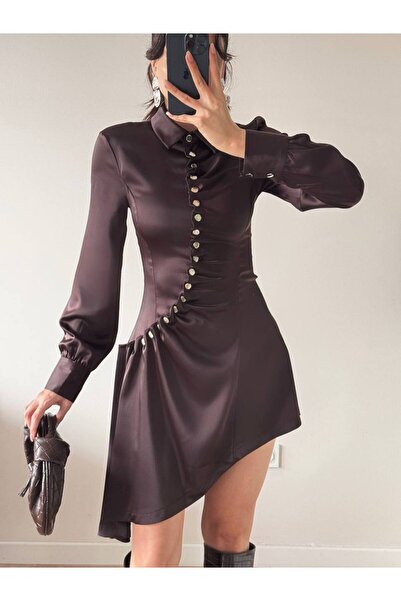 LOCH BUTİK Women's Brown Pleated Snap Satin Mini Dress