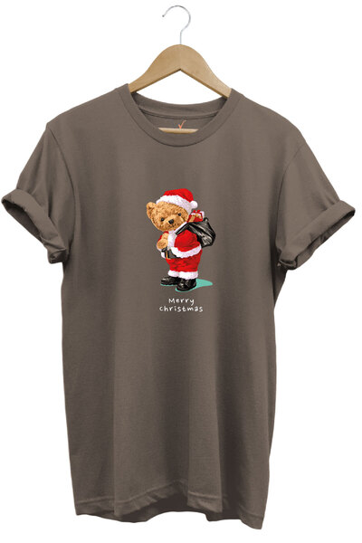 WİDİ Christmas New Year Merry Christmas Cute Teddy Bear Printed 100% Cotton Regular Fit T-Shirt