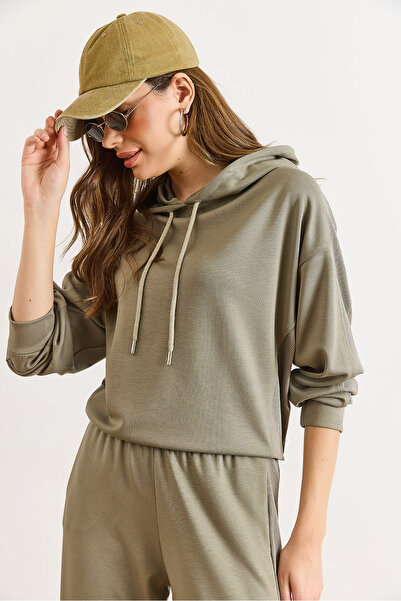 Olalook Women's Green Modal Buttoned Hooded Thread Detail Flowy Sweatshirt Swt-19000778