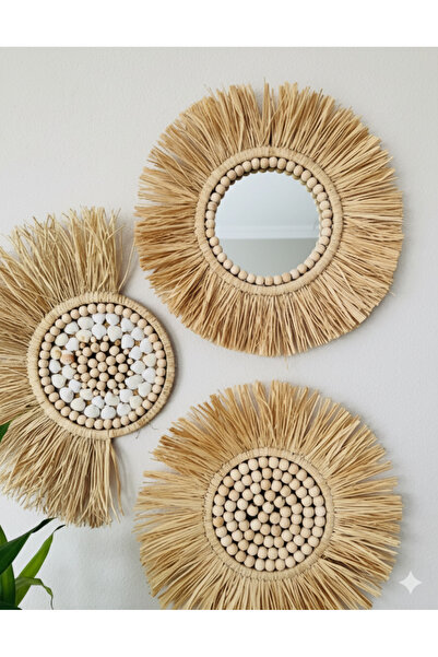 NGAHOME El Yapımı Rafya 3 Lü Ayna Seti Yelpaze Duvar Süsü Boncuklu Ayna