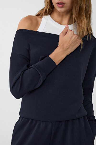VODENS Women's Navy Blue Soft, Off-The-Shoulder Sweatshirt