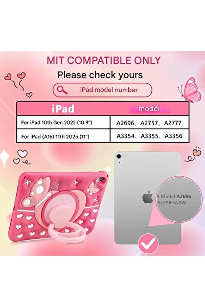 Vofolen iPad A16/A10 case, pink butterfly, 360 rotating handle, shockproof, stand and strap