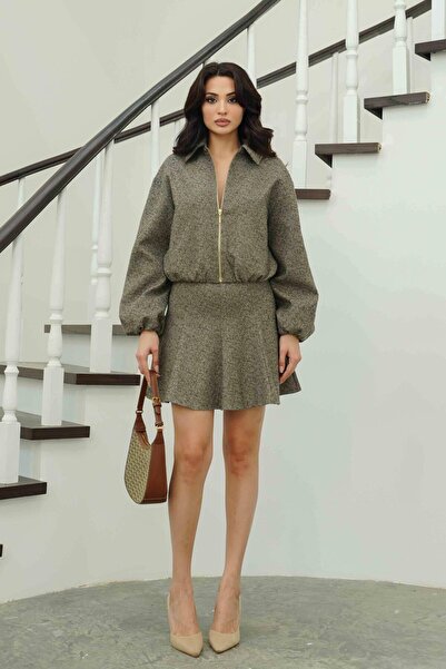 Serica Moda Brown Elastic Waist Zippered Jacket Skirt Set