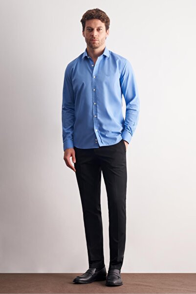 İmza Cobalt Half Italian Collar Long Sleeve S Slim Fit Cotton Shirt 1004255180